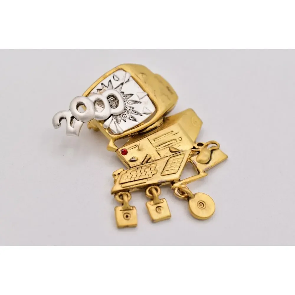 Danecraft Y2K 2000 Computer Brooch Gold Silver Dangle Charm Pin NOS 90s PinA25